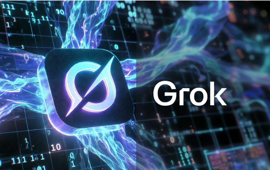 Grok 标志与蓝紫色数据流视觉图